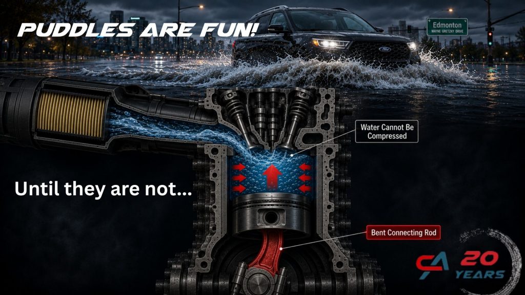 Driving through puddle, engine hydrolocked, engine stalled in water, edmonton flooded streets.